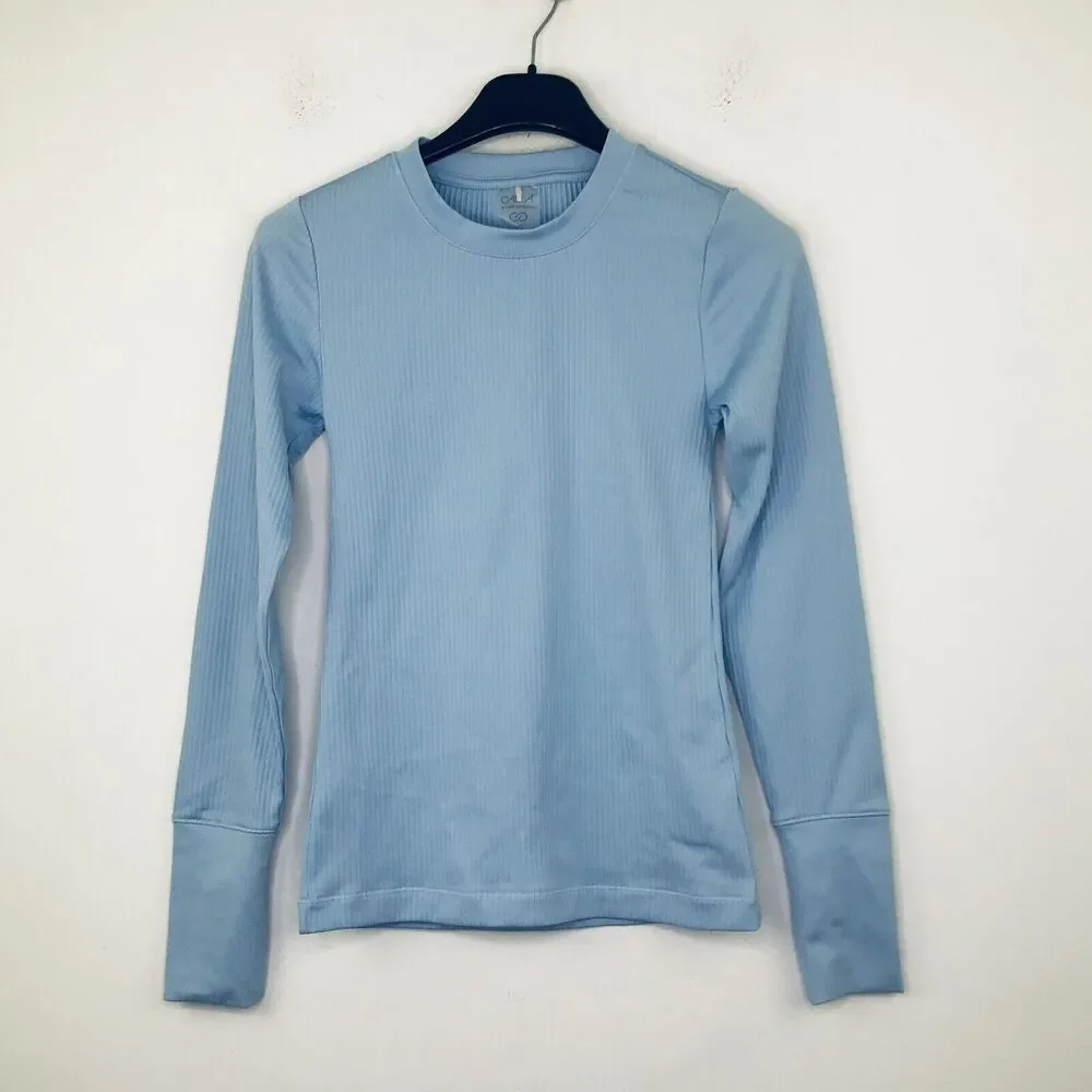 Calia Women's XS Athletic Shirt Blue Solid Long Sleeve Ribbed Crew Neck CL18